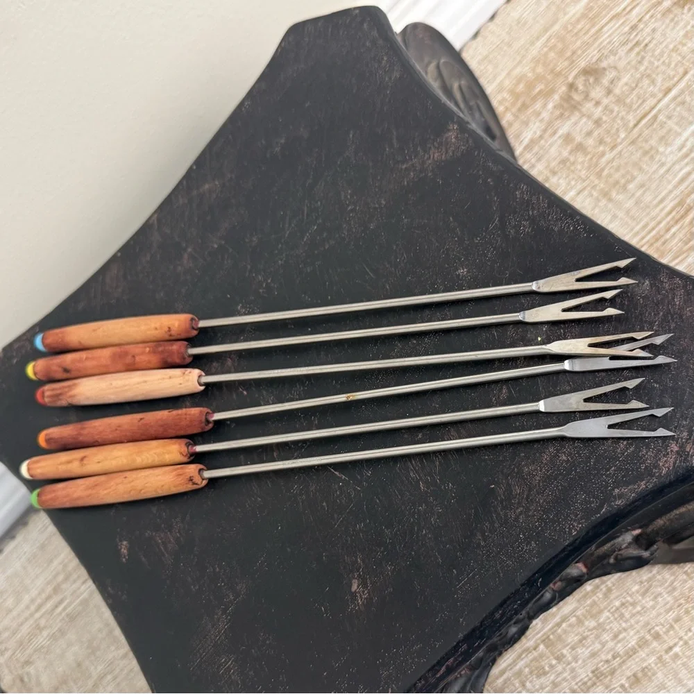 Set of 6 Color-Coded Fondue Forks with Wooden Handles